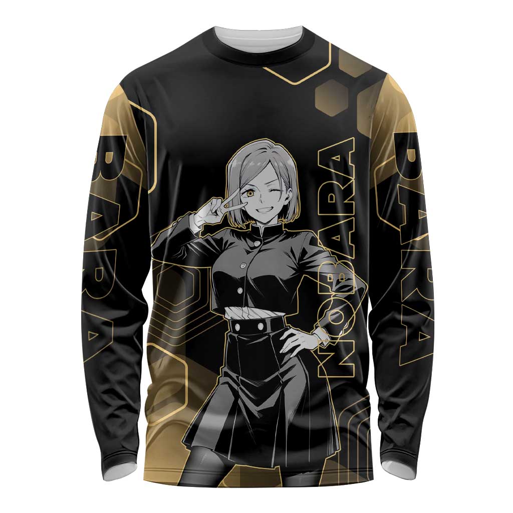 Nobara Kugisaki Jujutsu Kaisen Gold Hexagon Design Long Sleeve Shirt with Confident Expressions and Manga Style Art - The Mazicc