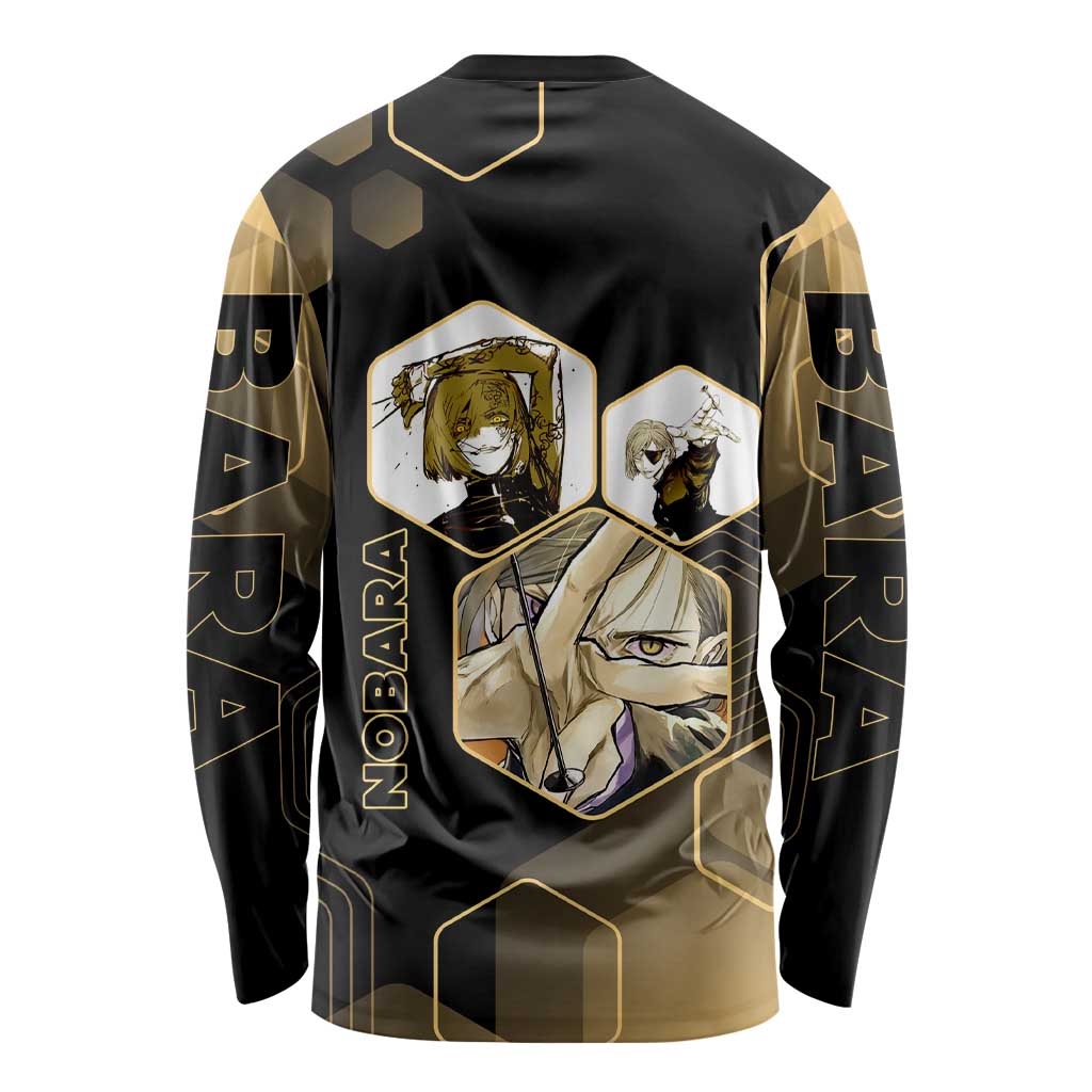 Nobara Kugisaki Jujutsu Kaisen Gold Hexagon Design Long Sleeve Shirt with Confident Expressions and Manga Style Art - The Mazicc