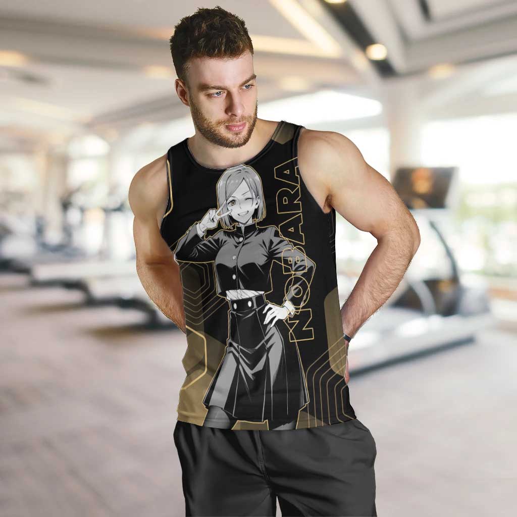 Nobara Kugisaki Jujutsu Kaisen Gold Hexagon Design Men Tank Top with Confident Expressions and Manga Style Art - The Mazicc