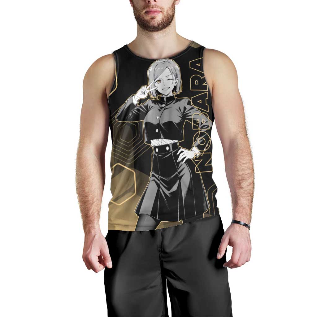 Nobara Kugisaki Jujutsu Kaisen Gold Hexagon Design Men Tank Top with Confident Expressions and Manga Style Art - The Mazicc
