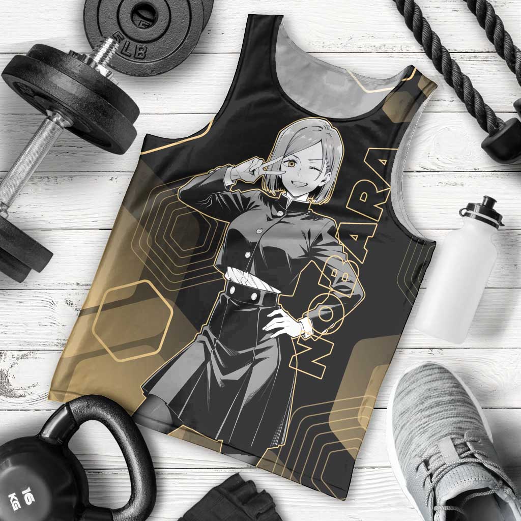 Nobara Kugisaki Jujutsu Kaisen Gold Hexagon Design Men Tank Top with Confident Expressions and Manga Style Art - The Mazicc