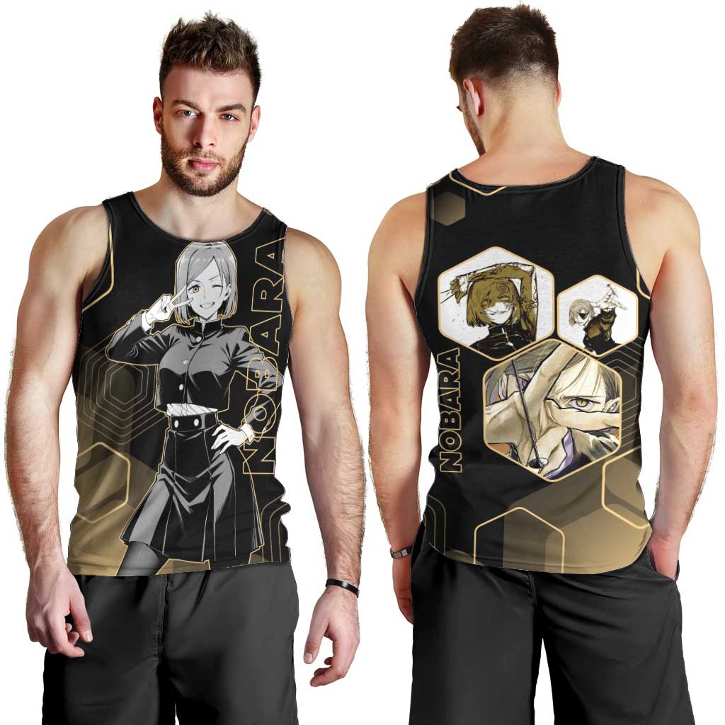 Nobara Kugisaki Jujutsu Kaisen Gold Hexagon Design Men Tank Top with Confident Expressions and Manga Style Art - The Mazicc