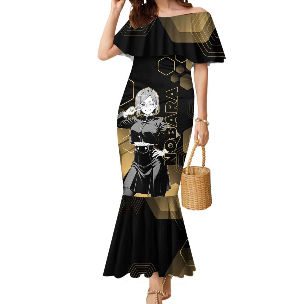 Nobara Kugisaki Jujutsu Kaisen Gold Hexagon Design Mermaid Dress with Confident Expressions and Manga Style Art - The Mazicc