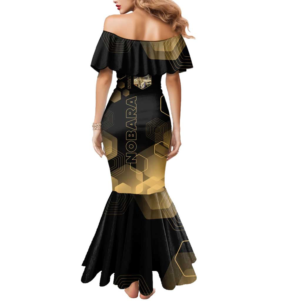 Nobara Kugisaki Jujutsu Kaisen Gold Hexagon Design Mermaid Dress with Confident Expressions and Manga Style Art - The Mazicc
