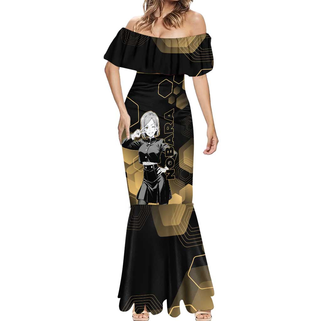 Nobara Kugisaki Jujutsu Kaisen Gold Hexagon Design Mermaid Dress with Confident Expressions and Manga Style Art - The Mazicc