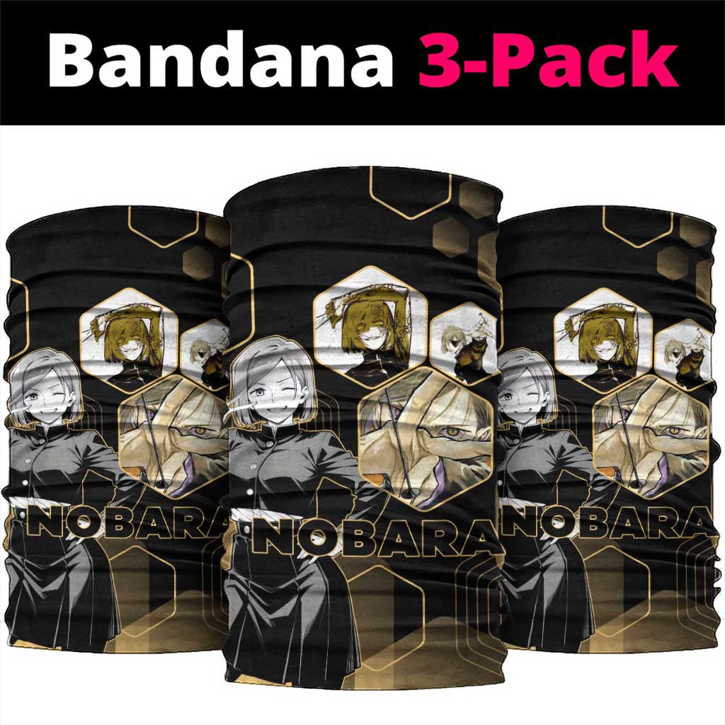 Nobara Kugisaki Jujutsu Kaisen Gold Hexagon Design Neck Gaiter with Confident Expressions and Manga Style Art - The Mazicc