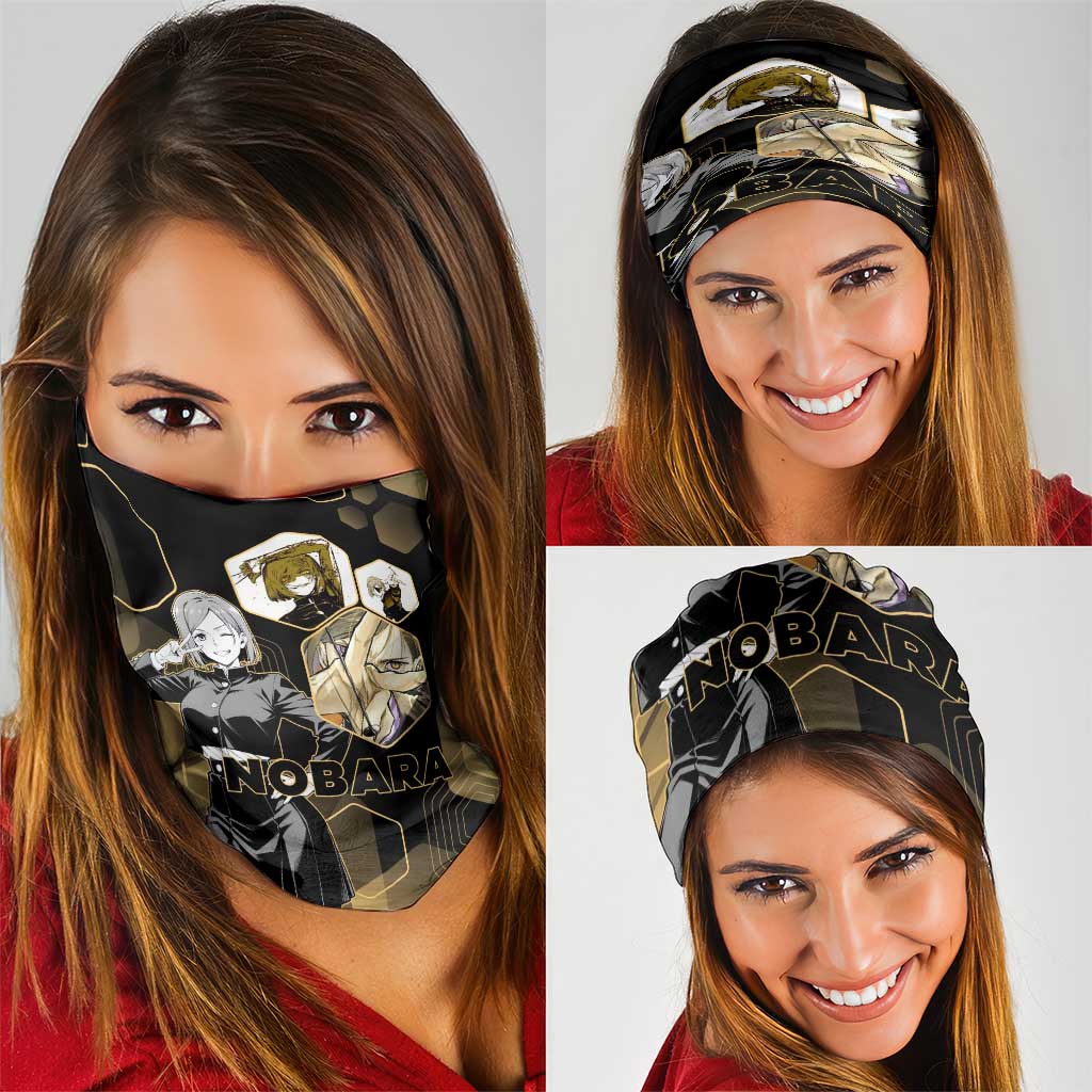 Nobara Kugisaki Jujutsu Kaisen Gold Hexagon Design Neck Gaiter with Confident Expressions and Manga Style Art - The Mazicc