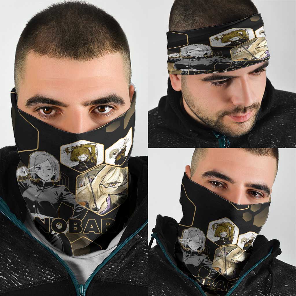 Nobara Kugisaki Jujutsu Kaisen Gold Hexagon Design Neck Gaiter with Confident Expressions and Manga Style Art - The Mazicc