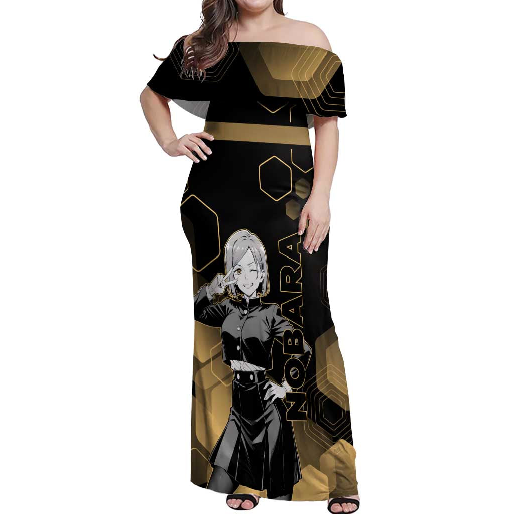 Nobara Kugisaki Jujutsu Kaisen Gold Hexagon Design Off Shoulder Maxi Dress with Confident Expressions and Manga Style Art - The Mazicc