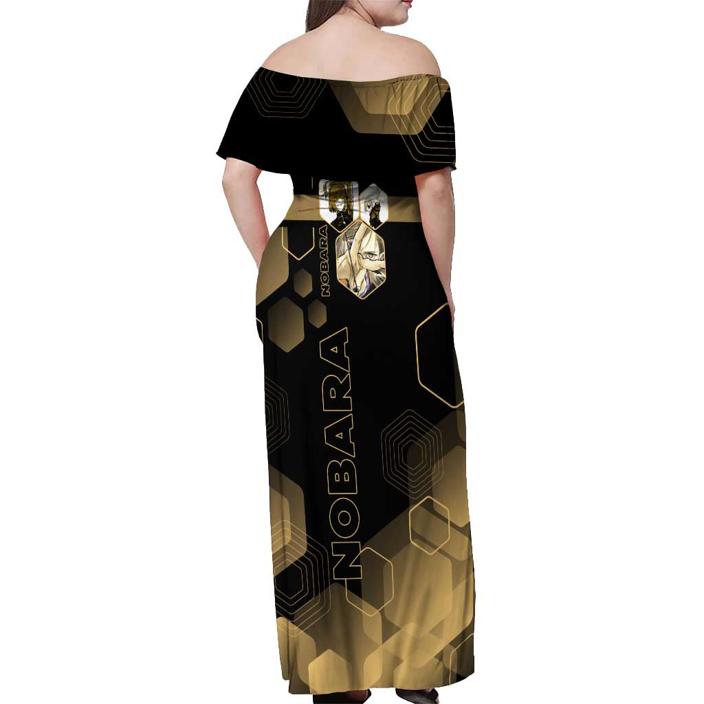 Nobara Kugisaki Jujutsu Kaisen Gold Hexagon Design Off Shoulder Maxi Dress with Confident Expressions and Manga Style Art - The Mazicc