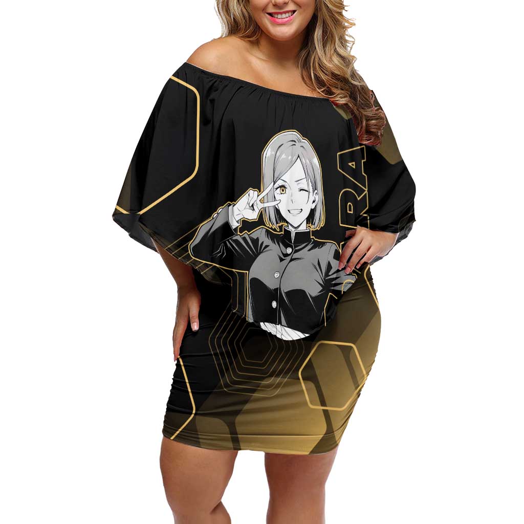 Nobara Kugisaki Jujutsu Kaisen Gold Hexagon Design Off Shoulder Short Dress with Confident Expressions and Manga Style Art - The Mazicc
