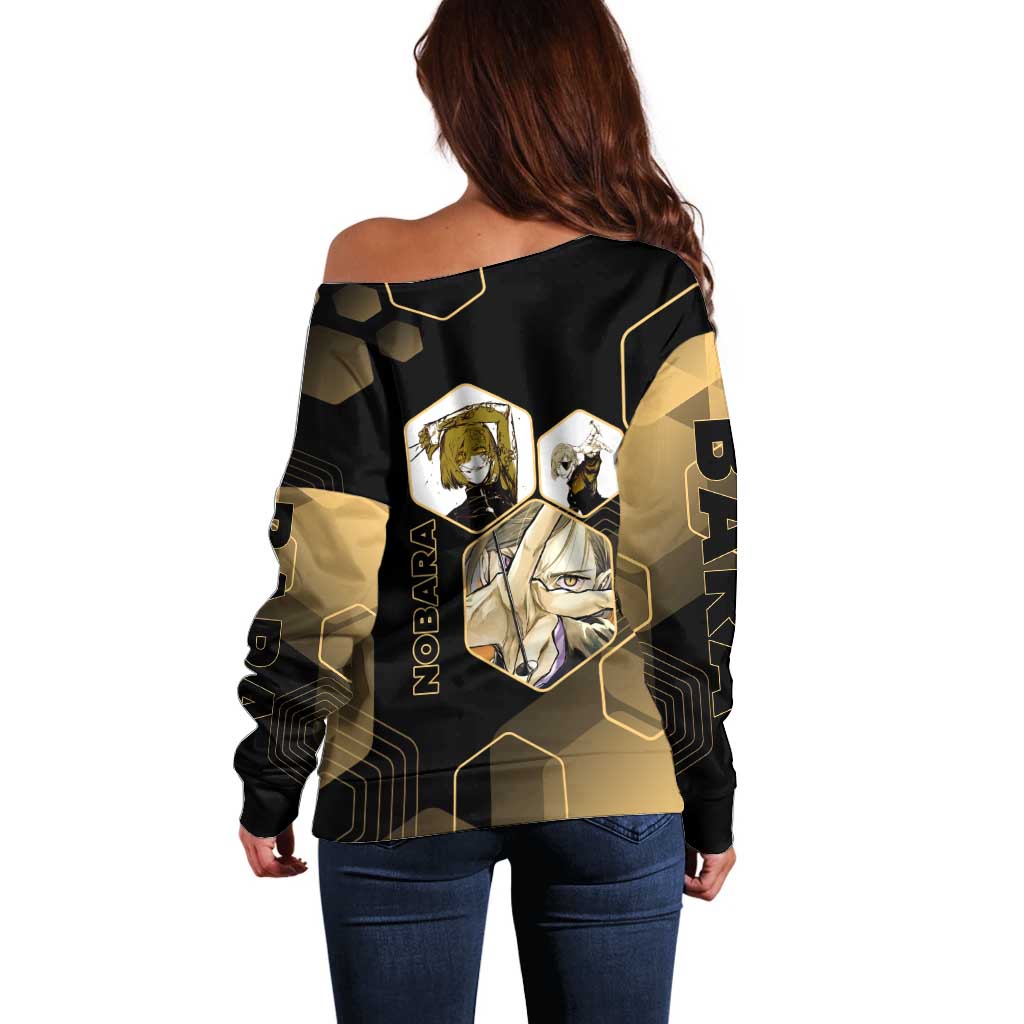 Nobara Kugisaki Jujutsu Kaisen Gold Hexagon Design Off Shoulder Sweater with Confident Expressions and Manga Style Art - The Mazicc