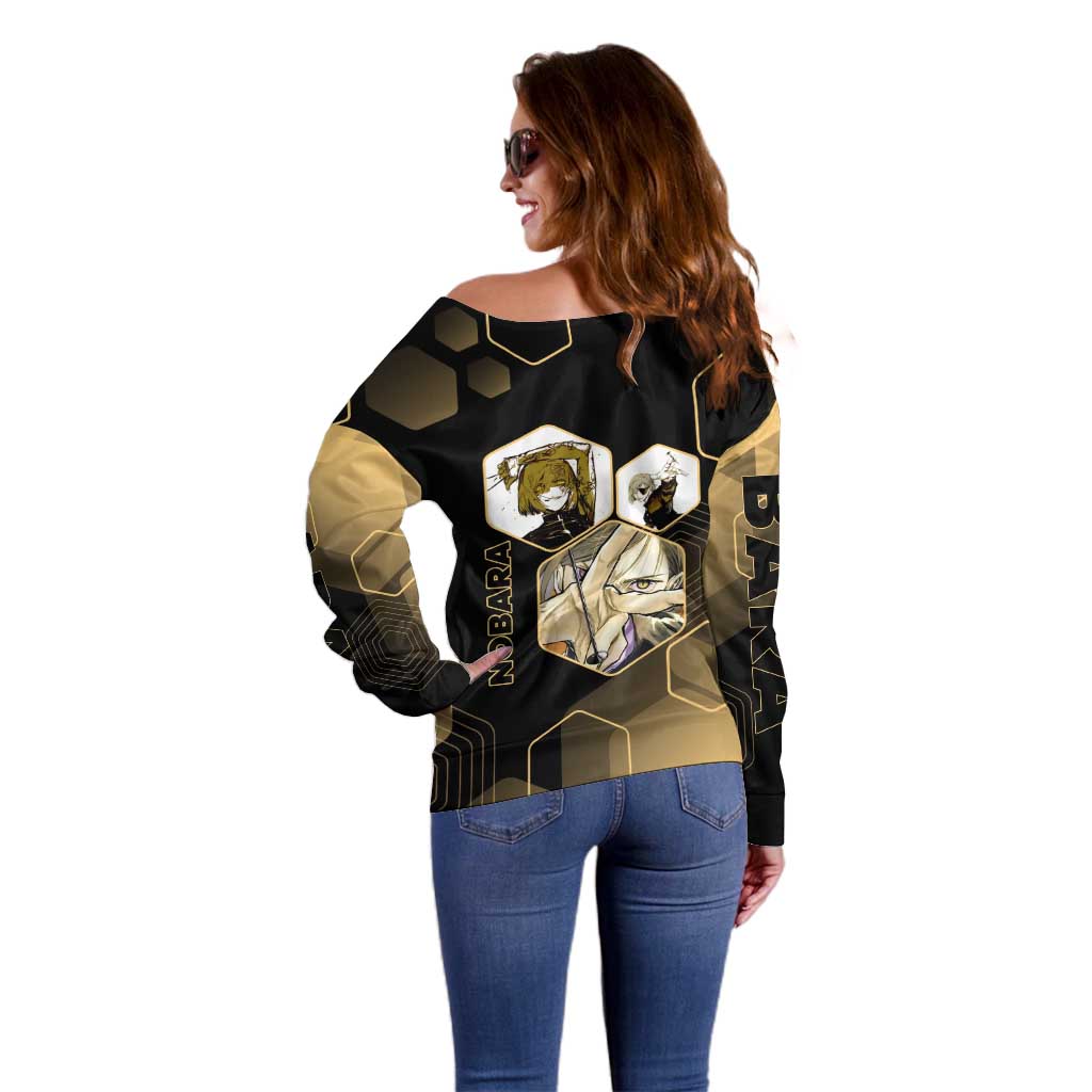 Nobara Kugisaki Jujutsu Kaisen Gold Hexagon Design Off Shoulder Sweater with Confident Expressions and Manga Style Art - The Mazicc
