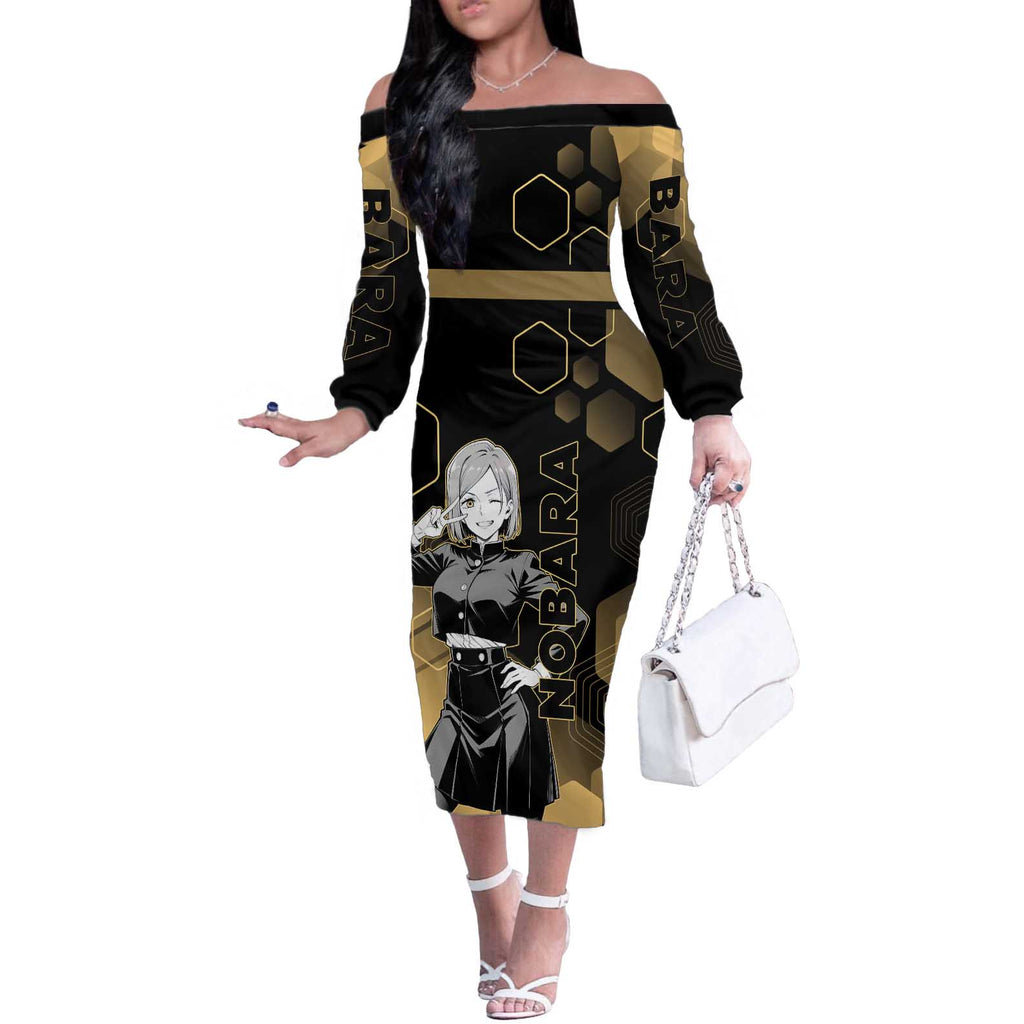 Nobara Kugisaki Jujutsu Kaisen Gold Hexagon Design Off The Shoulder Long Sleeve Dress with Confident Expressions and Manga Style Art - The Mazicc