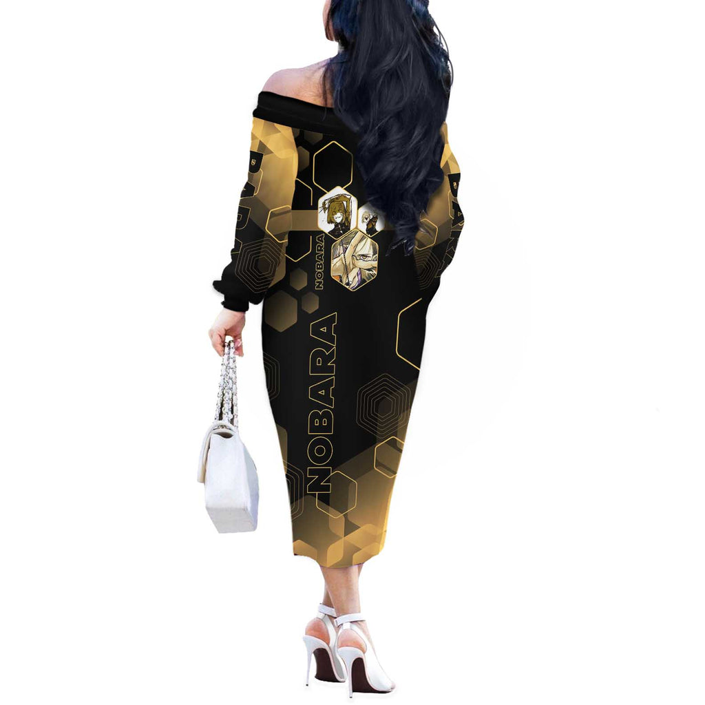 Nobara Kugisaki Jujutsu Kaisen Gold Hexagon Design Off The Shoulder Long Sleeve Dress with Confident Expressions and Manga Style Art - The Mazicc