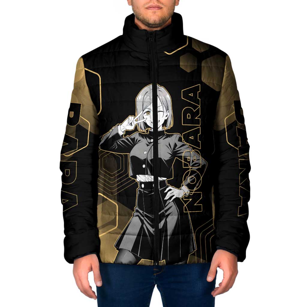 Nobara Kugisaki Jujutsu Kaisen Gold Hexagon Design Padded Jacket with Confident Expressions and Manga Style Art - The Mazicc