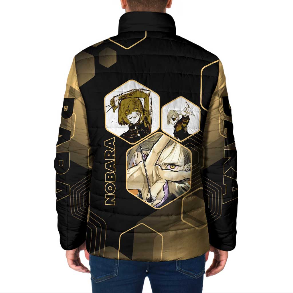 Nobara Kugisaki Jujutsu Kaisen Gold Hexagon Design Padded Jacket with Confident Expressions and Manga Style Art - The Mazicc