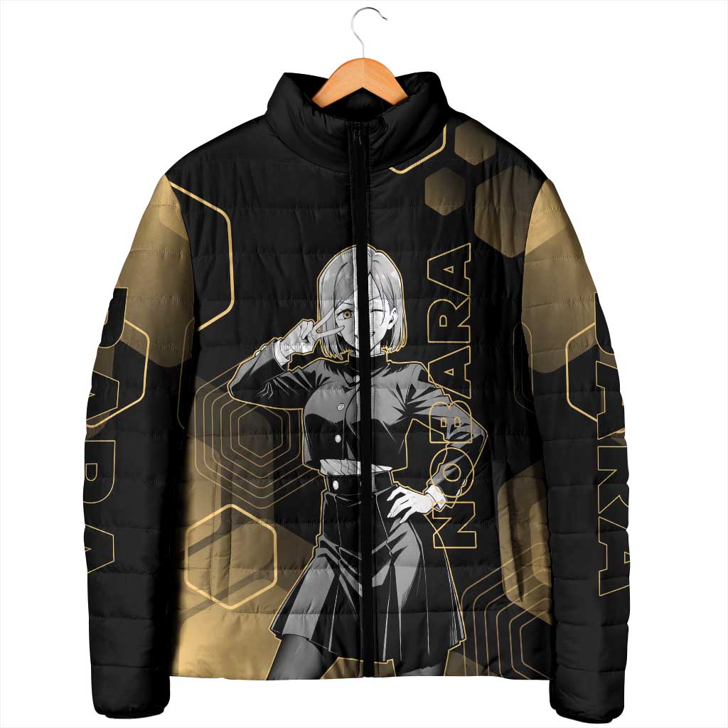 Nobara Kugisaki Jujutsu Kaisen Gold Hexagon Design Padded Jacket with Confident Expressions and Manga Style Art - The Mazicc