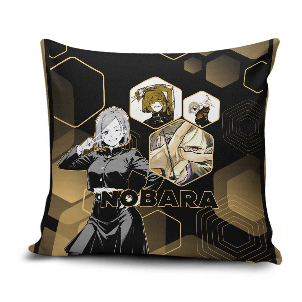Nobara Kugisaki Jujutsu Kaisen Gold Hexagon Design Pillow Cover with Confident Expressions and Manga Style Art - The Mazicc