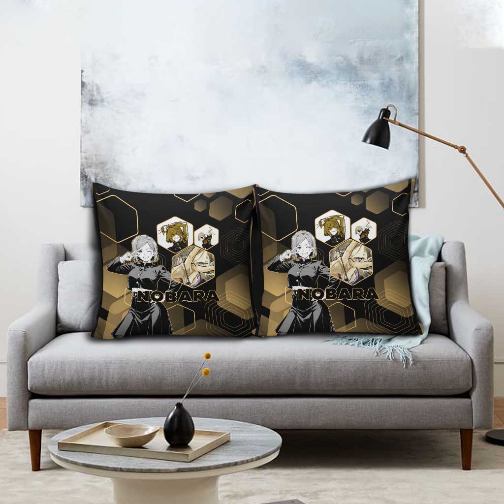 Nobara Kugisaki Jujutsu Kaisen Gold Hexagon Design Pillow Cover with Confident Expressions and Manga Style Art - The Mazicc