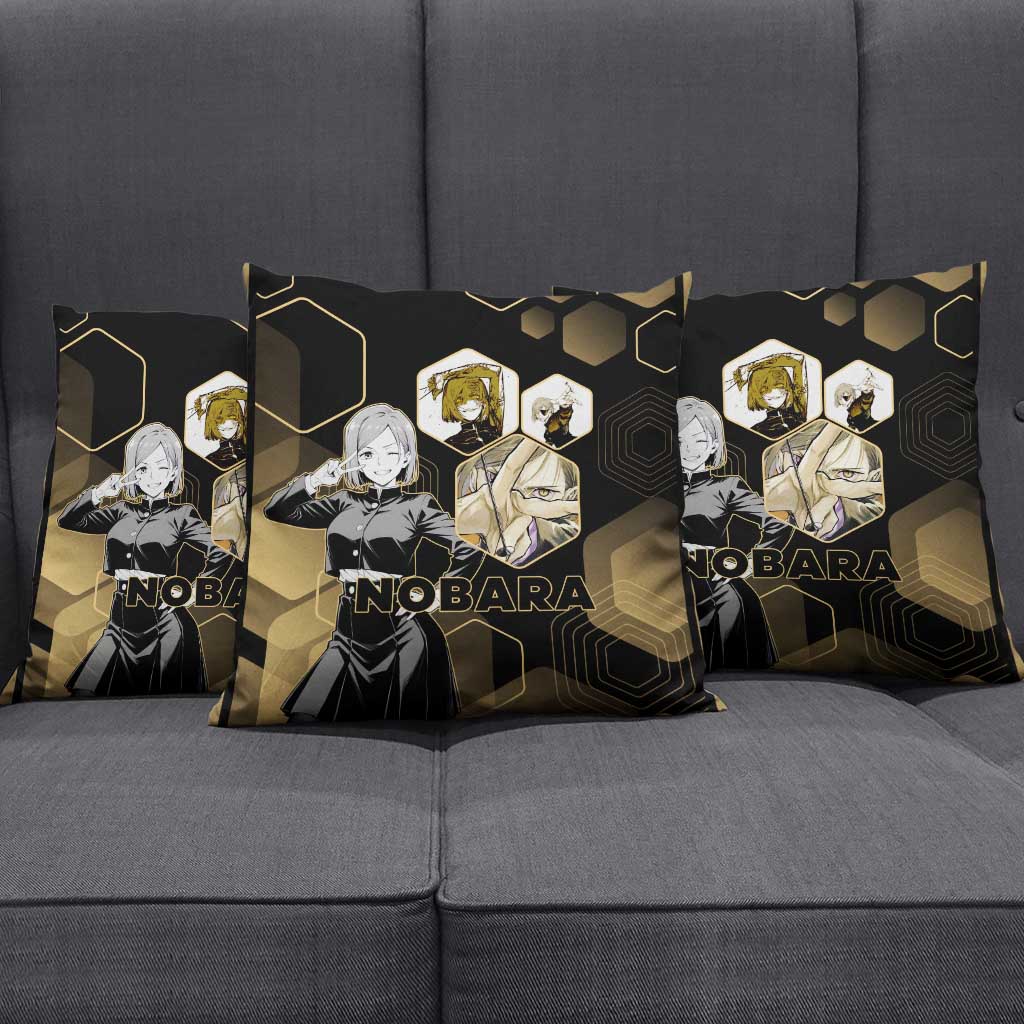 Nobara Kugisaki Jujutsu Kaisen Gold Hexagon Design Pillow Cover with Confident Expressions and Manga Style Art - The Mazicc