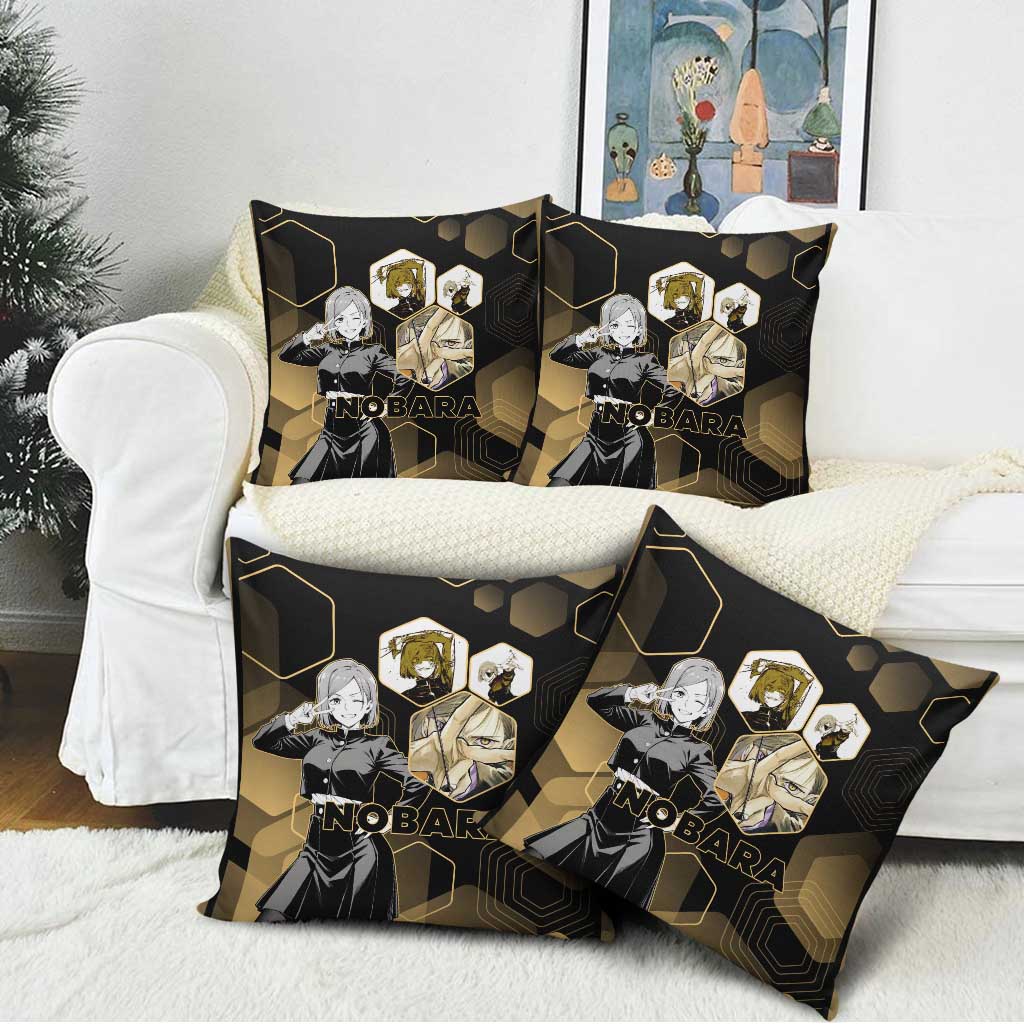 Nobara Kugisaki Jujutsu Kaisen Gold Hexagon Design Pillow Cover with Confident Expressions and Manga Style Art - The Mazicc