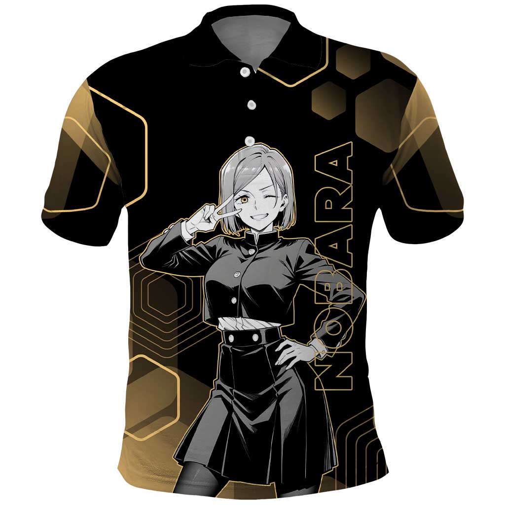 Nobara Kugisaki Jujutsu Kaisen Gold Hexagon Design Polo Shirt with Confident Expressions and Manga Style Art - The Mazicc