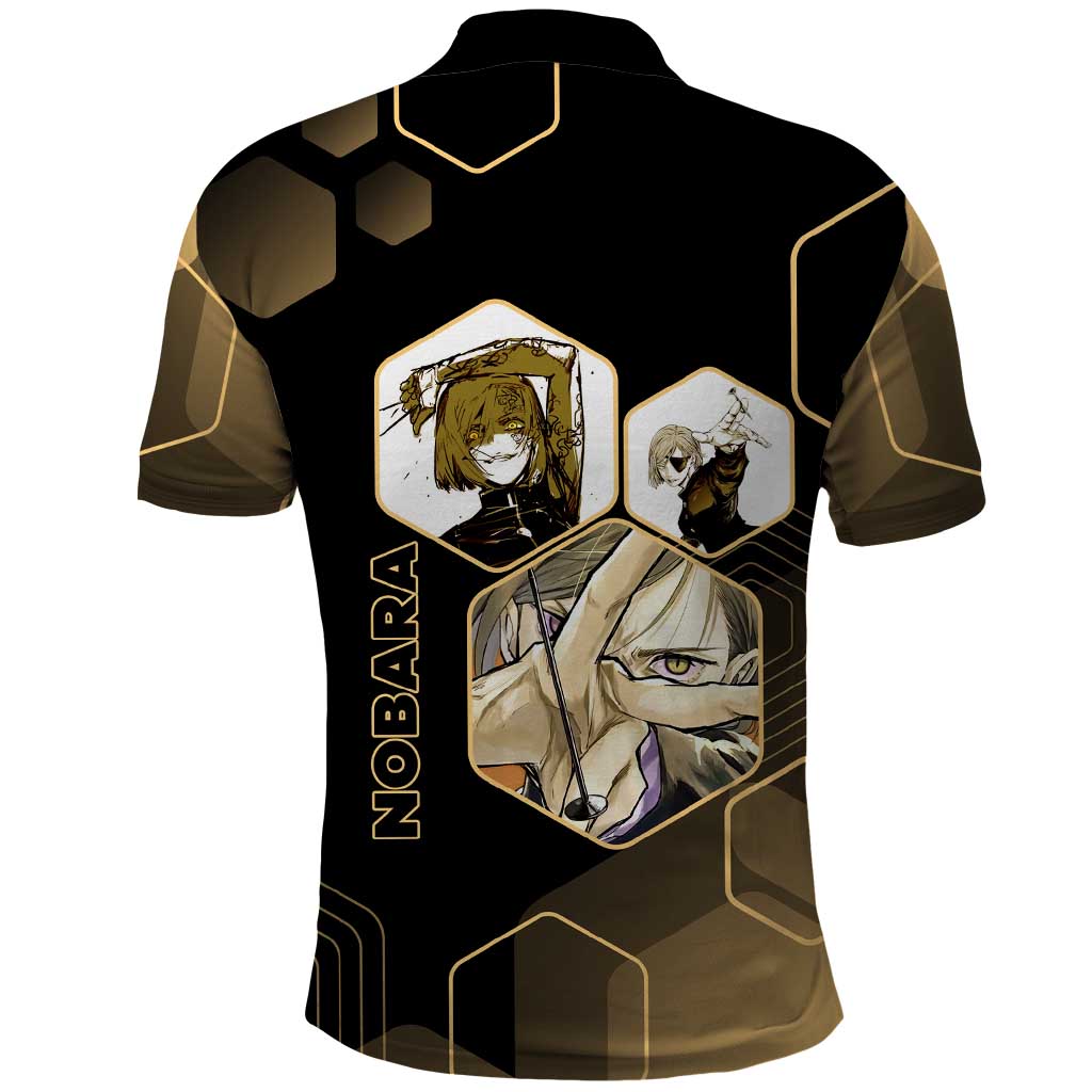 Nobara Kugisaki Jujutsu Kaisen Gold Hexagon Design Polo Shirt with Confident Expressions and Manga Style Art - The Mazicc