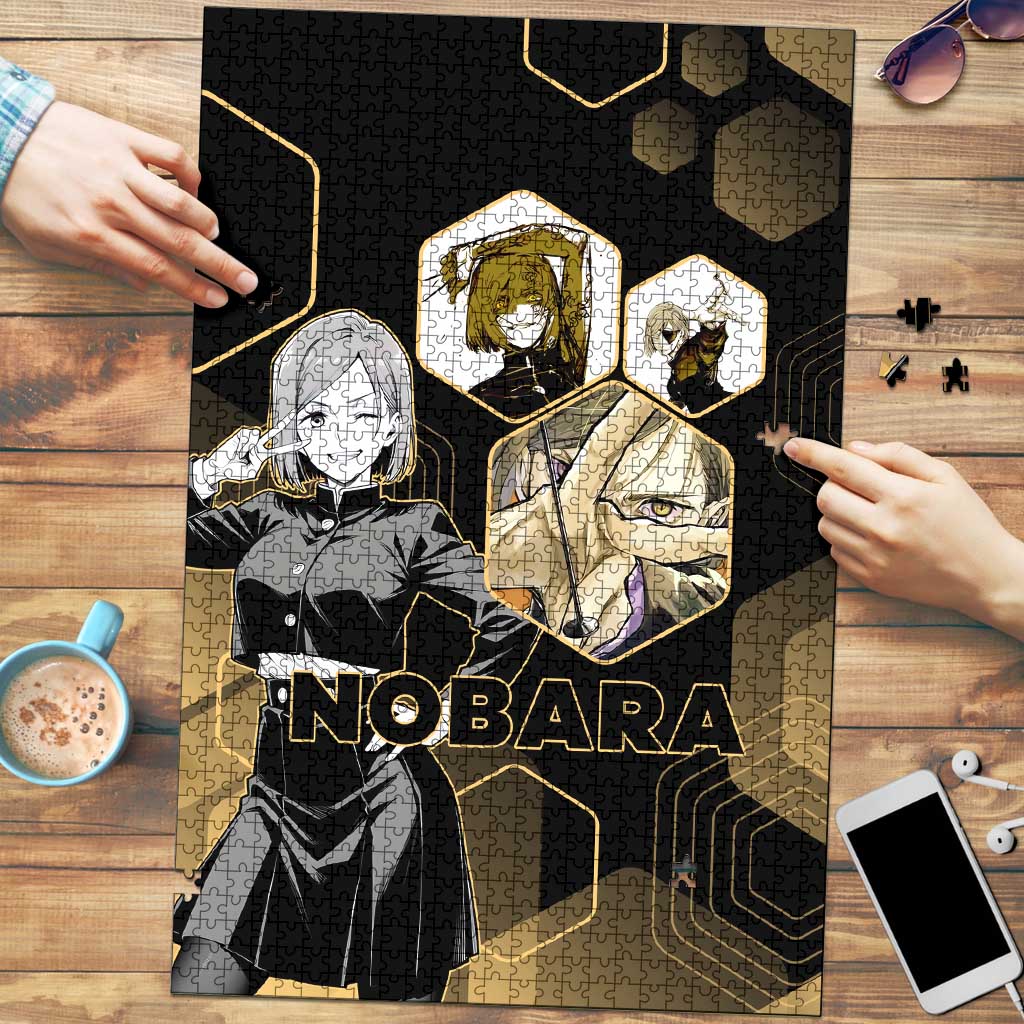Nobara Kugisaki Jujutsu Kaisen Gold Hexagon Design Puzzle with Confident Expressions and Manga Style Art - The Mazicc