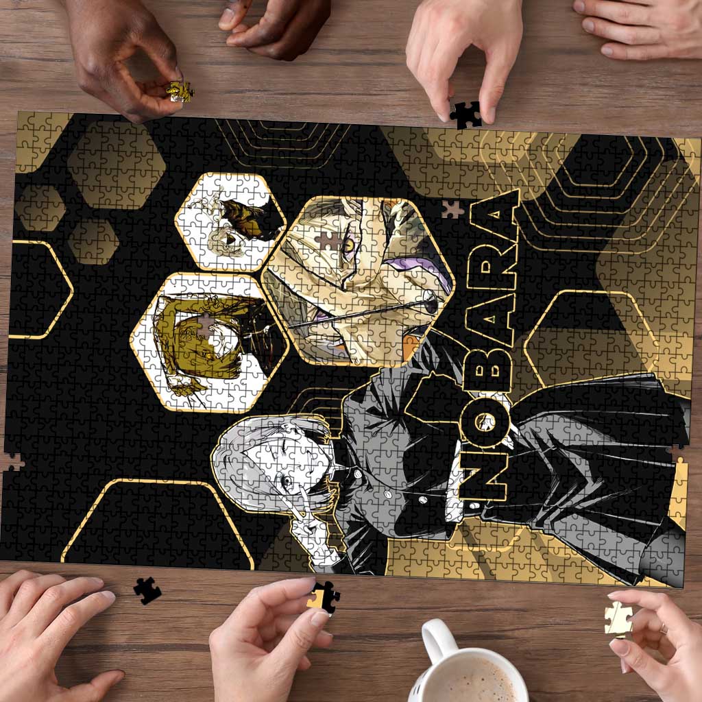 Nobara Kugisaki Jujutsu Kaisen Gold Hexagon Design Puzzle with Confident Expressions and Manga Style Art - The Mazicc