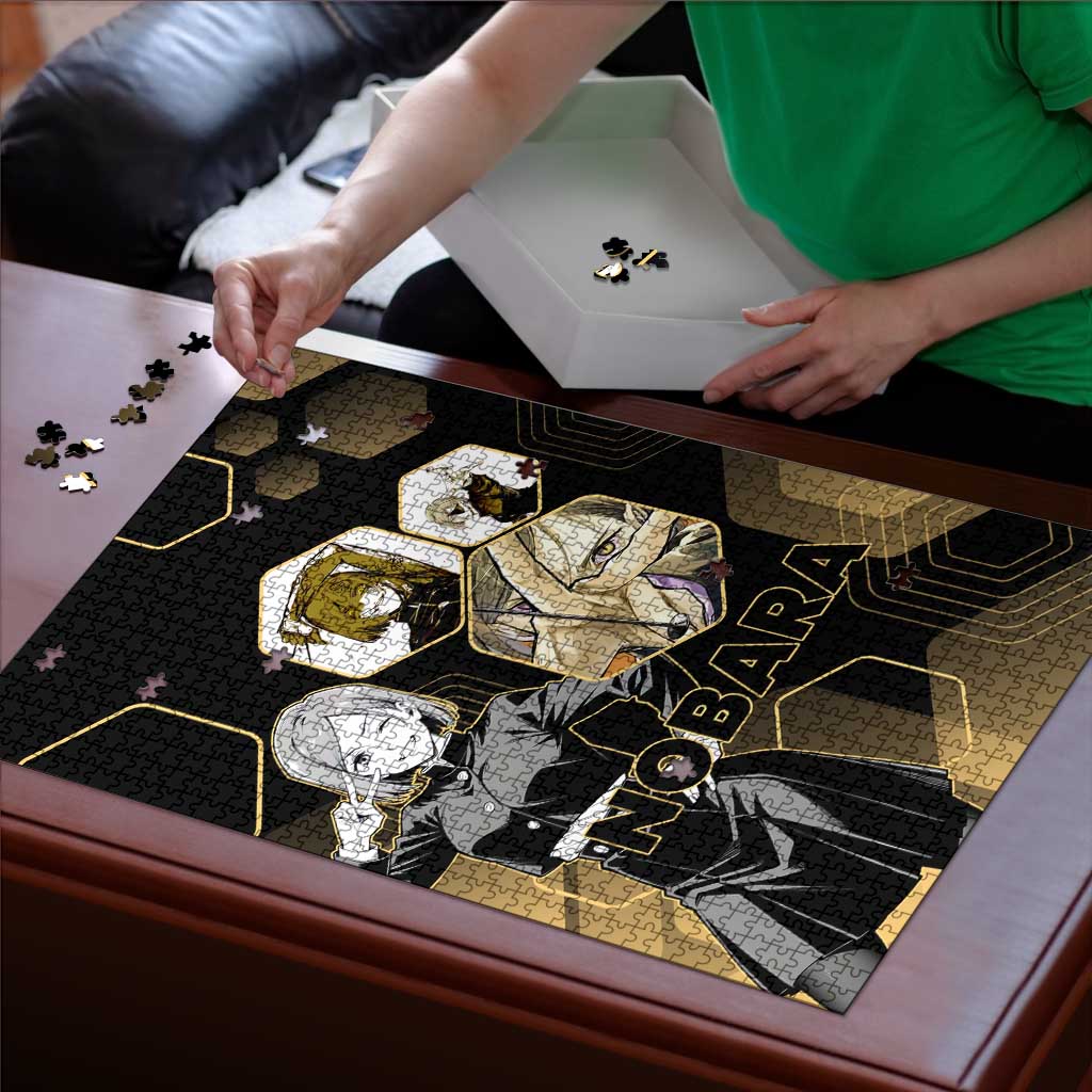 Nobara Kugisaki Jujutsu Kaisen Gold Hexagon Design Puzzle with Confident Expressions and Manga Style Art - The Mazicc