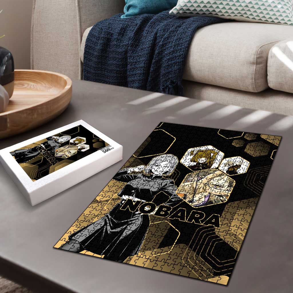 Nobara Kugisaki Jujutsu Kaisen Gold Hexagon Design Puzzle with Confident Expressions and Manga Style Art - The Mazicc
