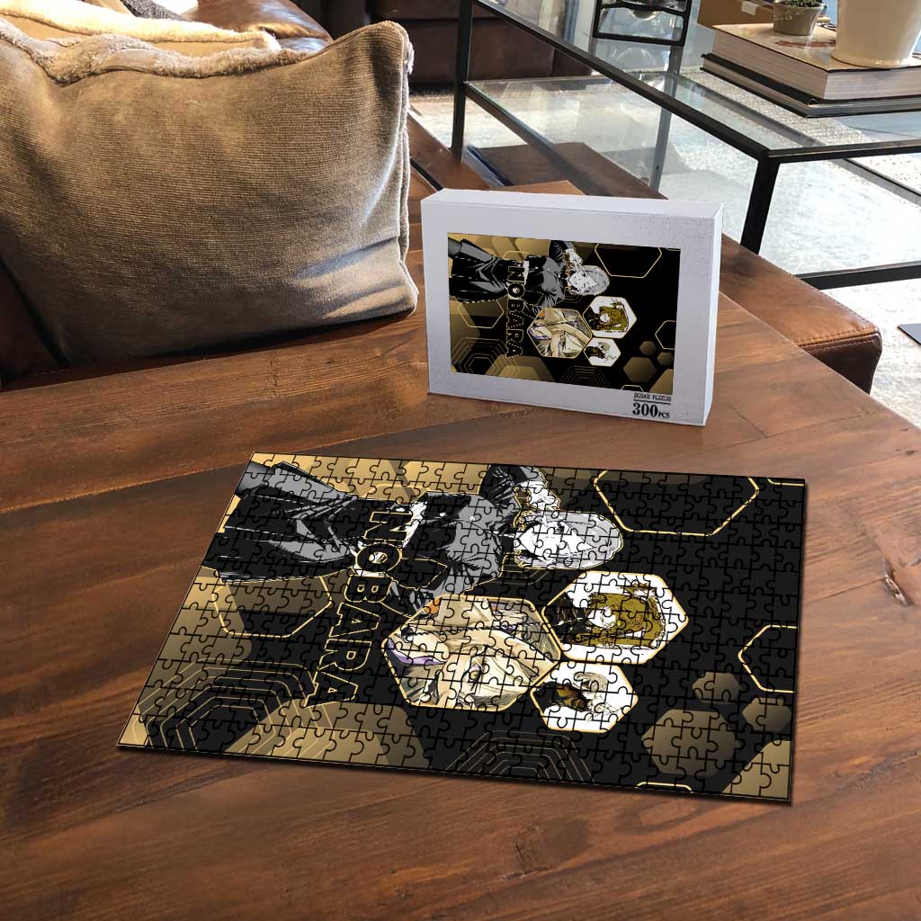 Nobara Kugisaki Jujutsu Kaisen Gold Hexagon Design Puzzle with Confident Expressions and Manga Style Art - The Mazicc