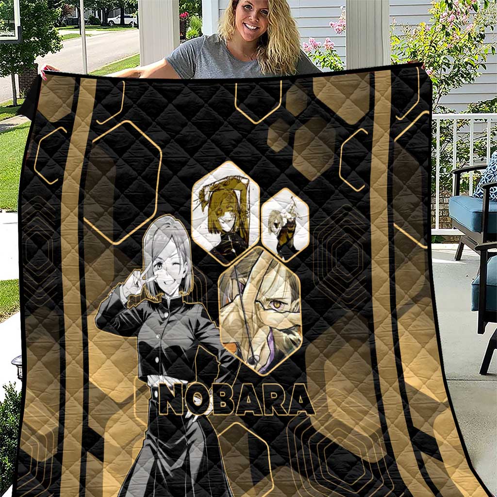 Nobara Kugisaki Jujutsu Kaisen Gold Hexagon Design Quilt with Confident Expressions and Manga Style Art - The Mazicc