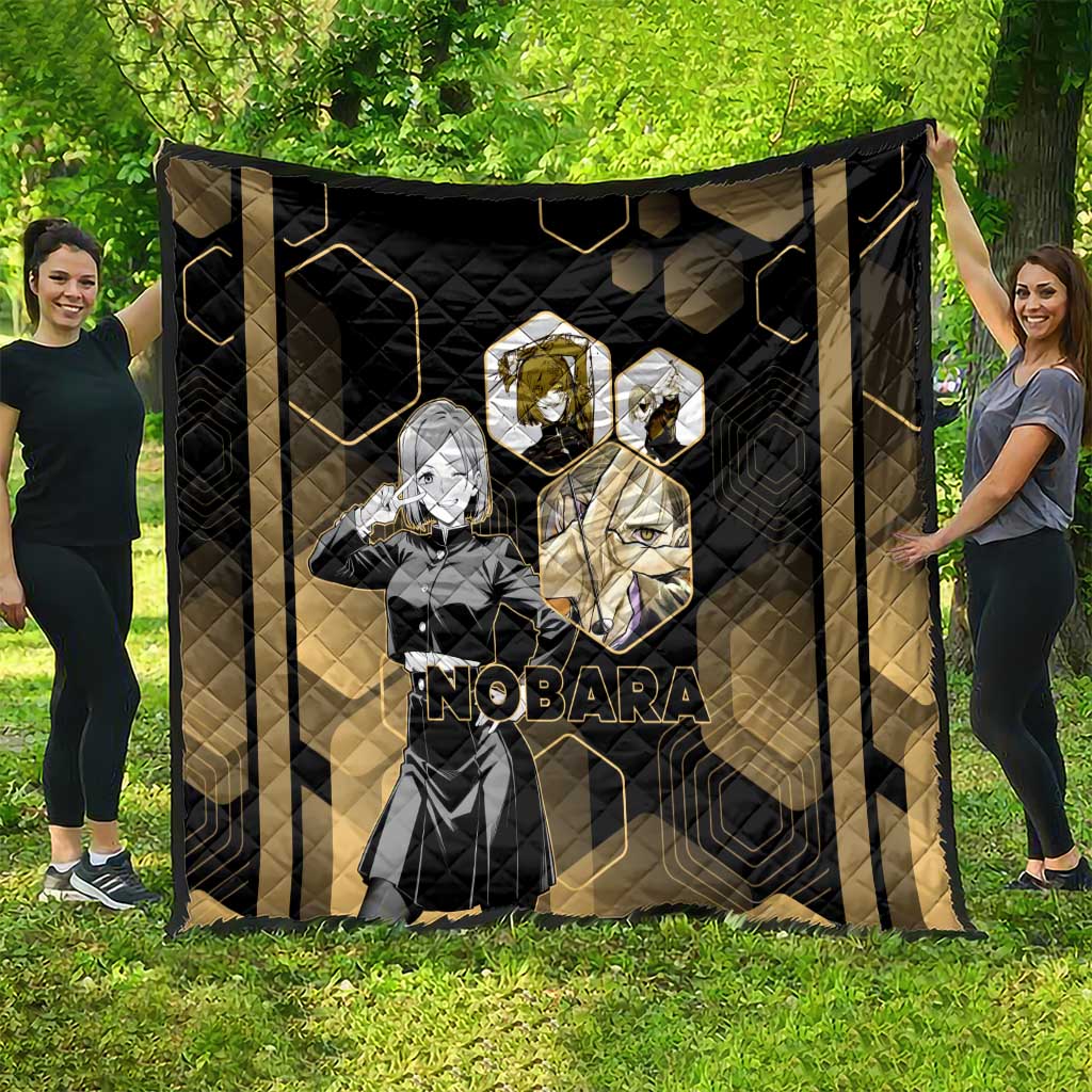 Nobara Kugisaki Jujutsu Kaisen Gold Hexagon Design Quilt with Confident Expressions and Manga Style Art - The Mazicc