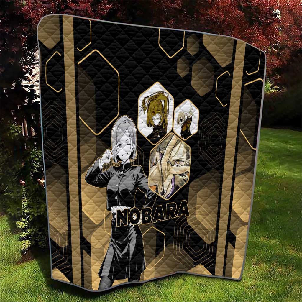Nobara Kugisaki Jujutsu Kaisen Gold Hexagon Design Quilt with Confident Expressions and Manga Style Art - The Mazicc