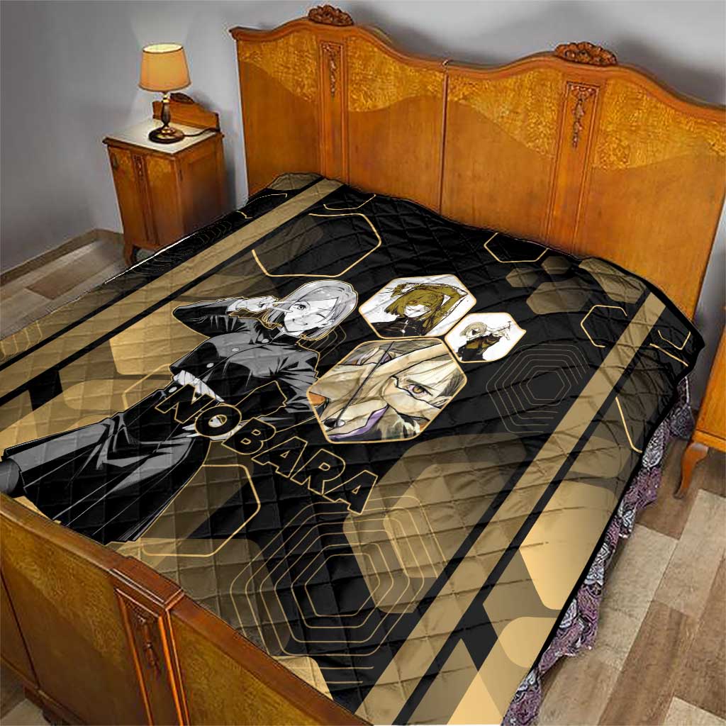 Nobara Kugisaki Jujutsu Kaisen Gold Hexagon Design Quilt with Confident Expressions and Manga Style Art - The Mazicc