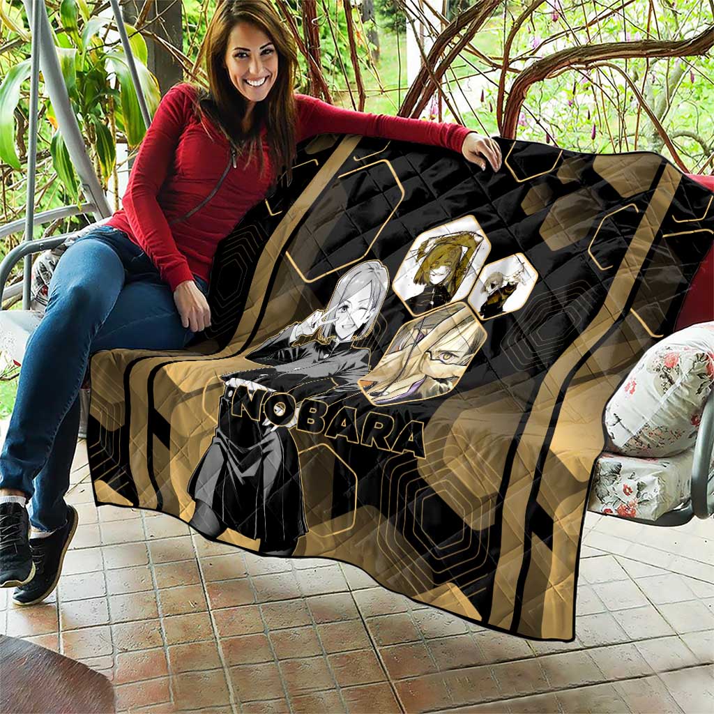 Nobara Kugisaki Jujutsu Kaisen Gold Hexagon Design Quilt with Confident Expressions and Manga Style Art - The Mazicc