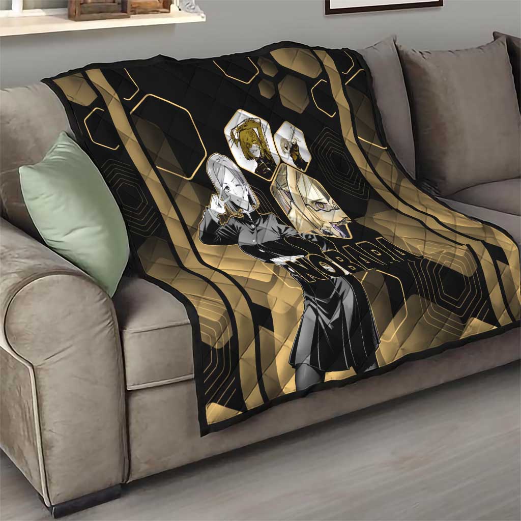 Nobara Kugisaki Jujutsu Kaisen Gold Hexagon Design Quilt with Confident Expressions and Manga Style Art - The Mazicc