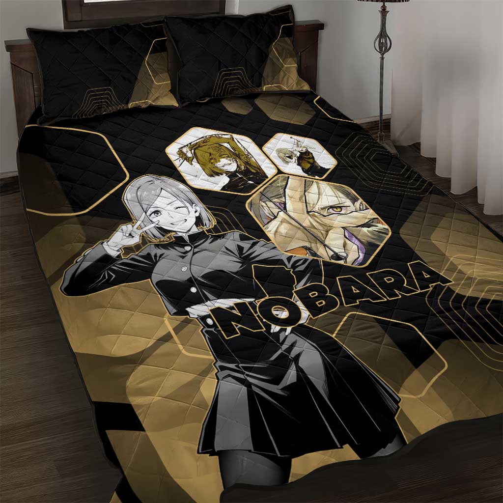 Nobara Kugisaki Jujutsu Kaisen Gold Hexagon Design Quilt Bed Set with Confident Expressions and Manga Style Art - The Mazicc