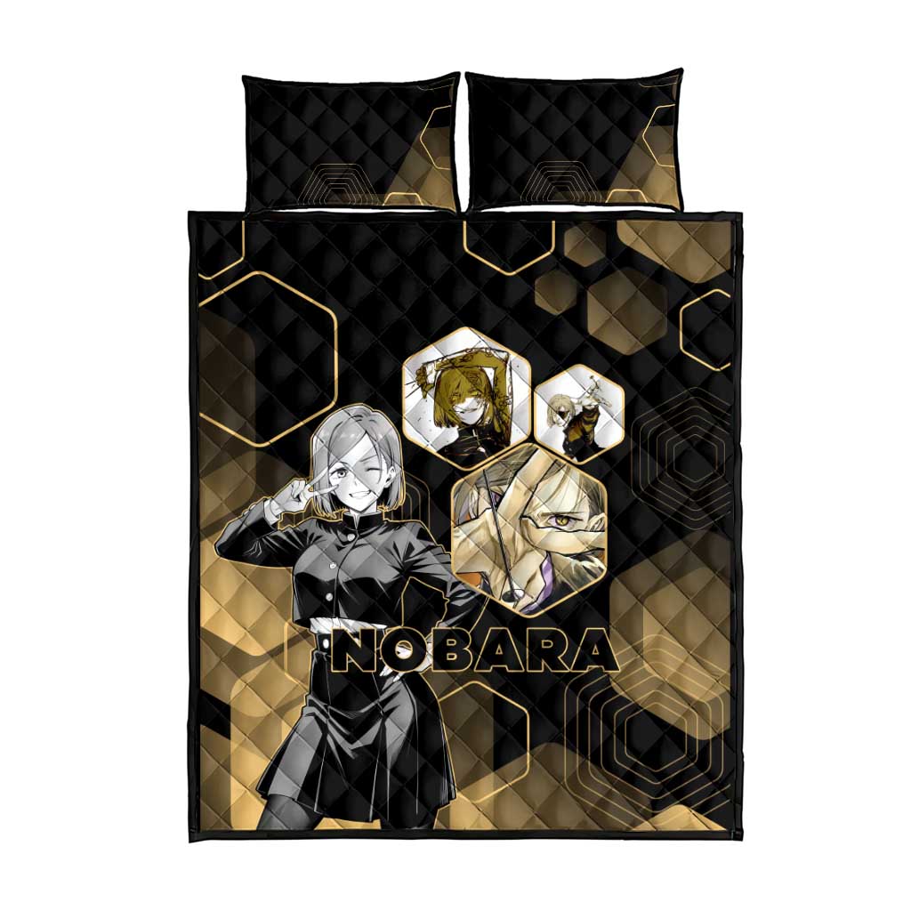 Nobara Kugisaki Jujutsu Kaisen Gold Hexagon Design Quilt Bed Set with Confident Expressions and Manga Style Art - The Mazicc