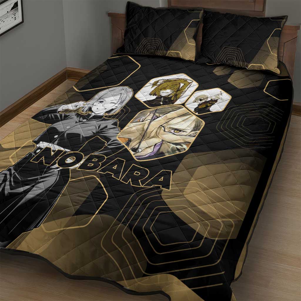 Nobara Kugisaki Jujutsu Kaisen Gold Hexagon Design Quilt Bed Set with Confident Expressions and Manga Style Art - The Mazicc