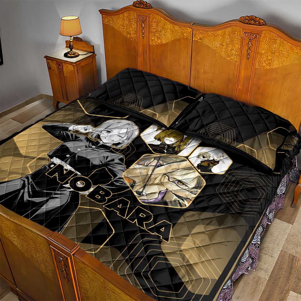 Nobara Kugisaki Jujutsu Kaisen Gold Hexagon Design Quilt Bed Set with Confident Expressions and Manga Style Art - The Mazicc