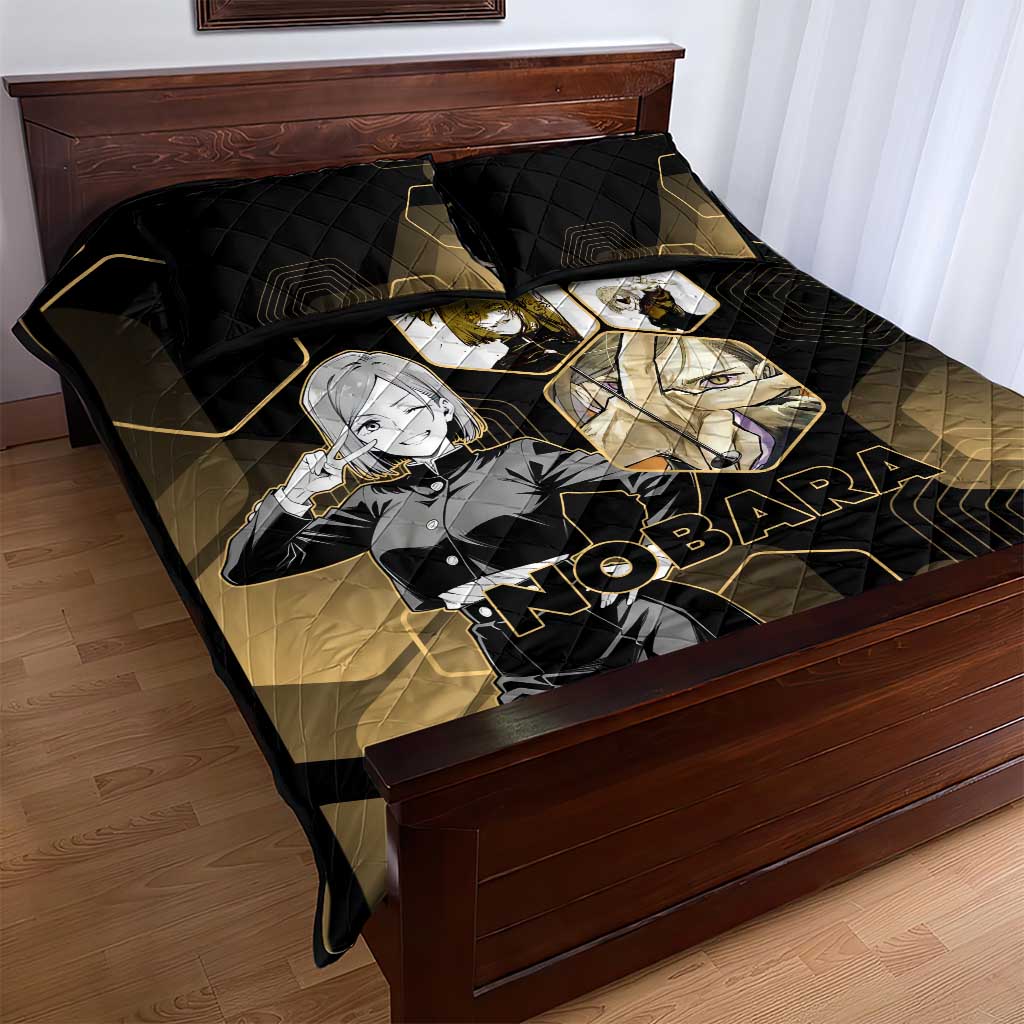 Nobara Kugisaki Jujutsu Kaisen Gold Hexagon Design Quilt Bed Set with Confident Expressions and Manga Style Art - The Mazicc