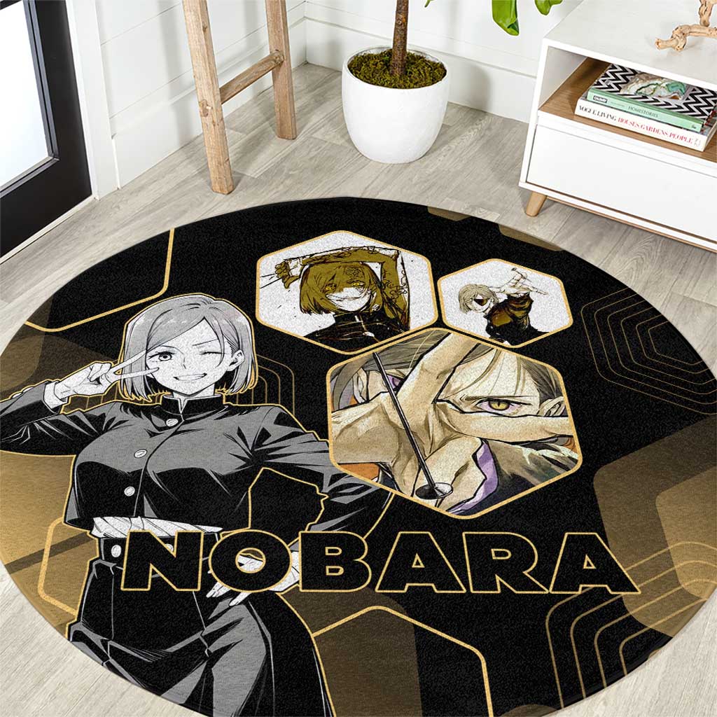 Nobara Kugisaki Jujutsu Kaisen Gold Hexagon Design Round Carpet with Confident Expressions and Manga Style Art - The Mazicc