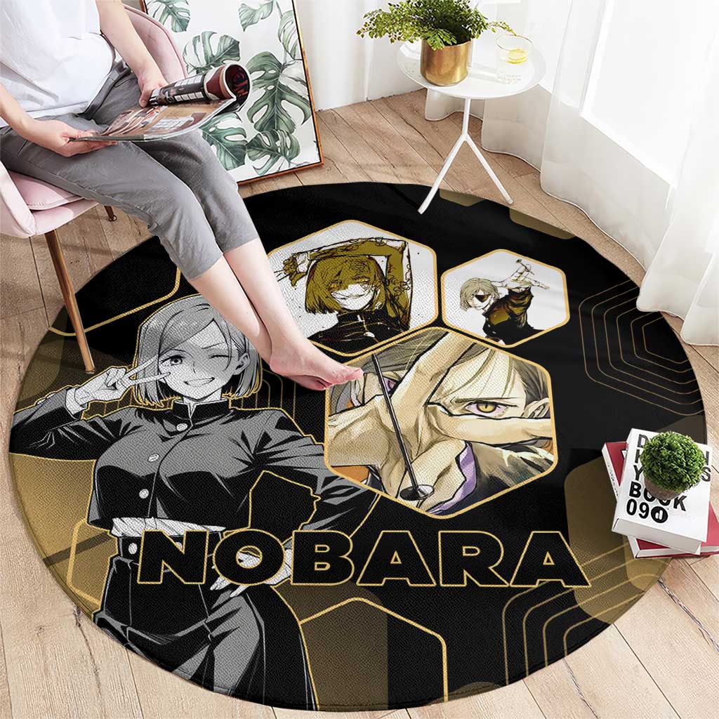 Nobara Kugisaki Jujutsu Kaisen Gold Hexagon Design Round Carpet with Confident Expressions and Manga Style Art - The Mazicc