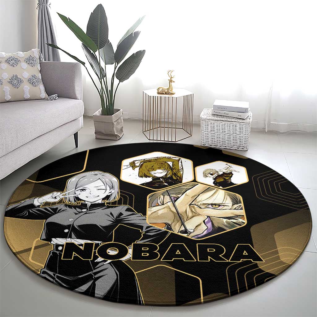 Nobara Kugisaki Jujutsu Kaisen Gold Hexagon Design Round Carpet with Confident Expressions and Manga Style Art - The Mazicc