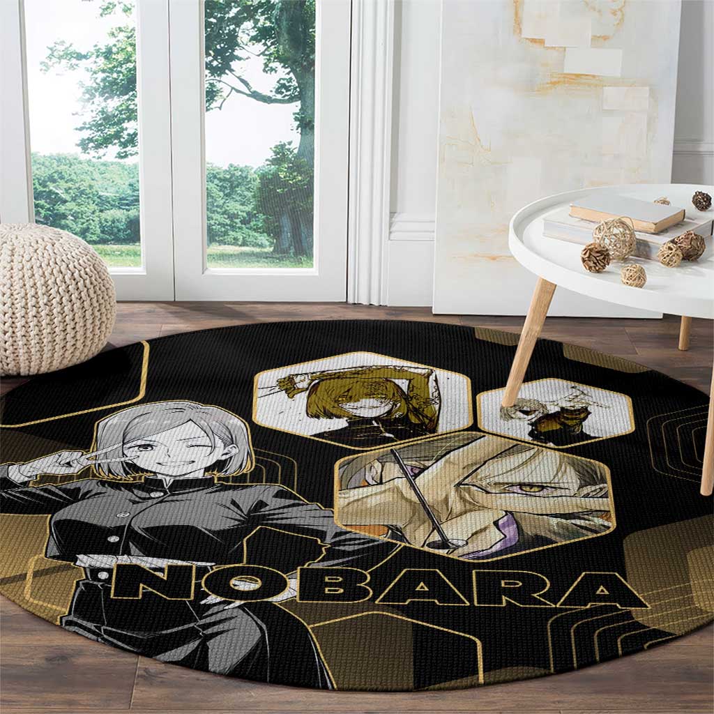 Nobara Kugisaki Jujutsu Kaisen Gold Hexagon Design Round Carpet with Confident Expressions and Manga Style Art - The Mazicc