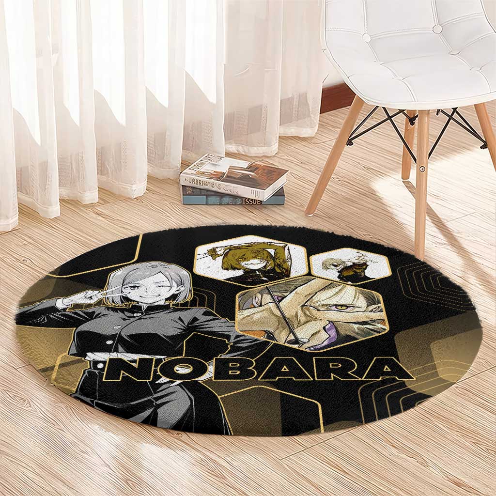 Nobara Kugisaki Jujutsu Kaisen Gold Hexagon Design Round Carpet with Confident Expressions and Manga Style Art - The Mazicc