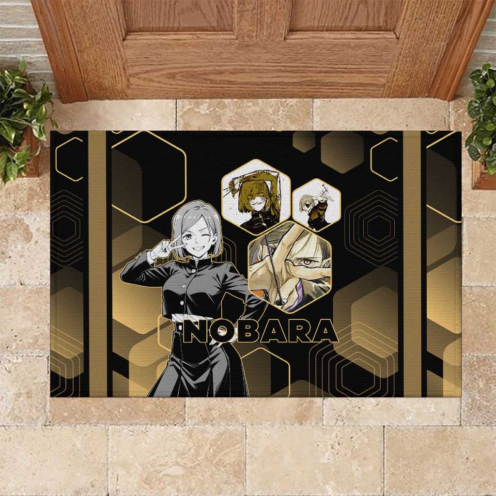 Nobara Kugisaki Jujutsu Kaisen Gold Hexagon Design Rubber Doormat with Confident Expressions and Manga Style Art - The Mazicc